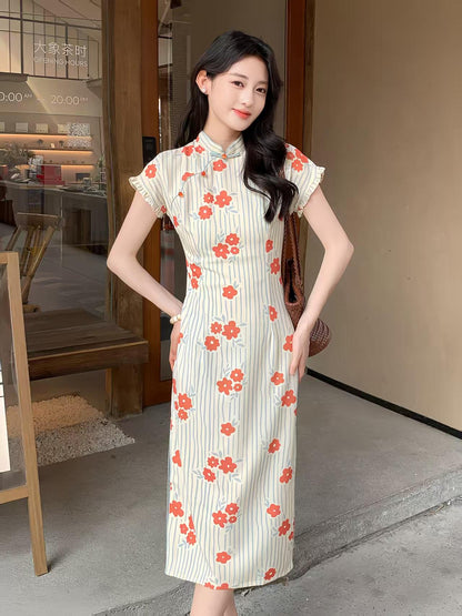 Women's Floral Qipao Cheongsam Dress – Orange Linen – additional product view