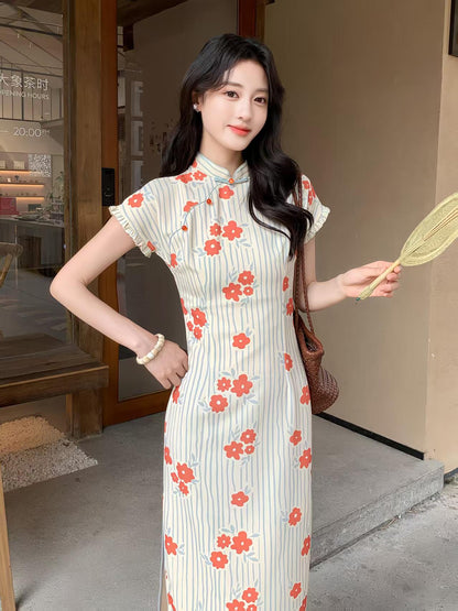 Women's Floral Qipao Cheongsam Dress – Orange Linen