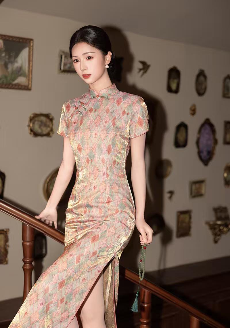 Women's Green Jacquard Satin Qipao Cheongsam Dress – additional product view