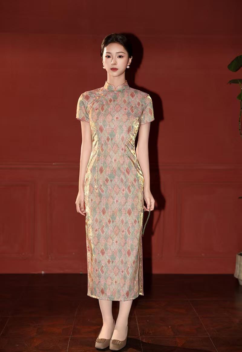 Women's Green Jacquard Satin Qipao Cheongsam Dress – additional product view
