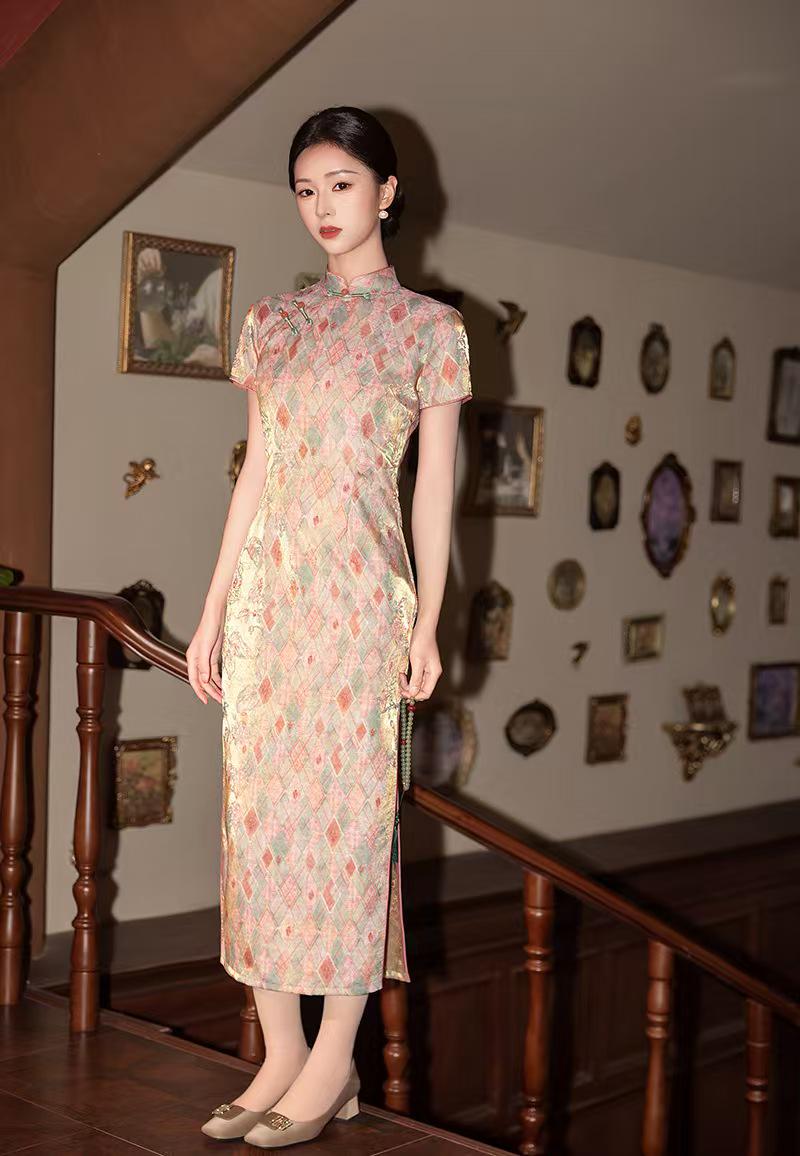 Women's Green Jacquard Satin Qipao Cheongsam Dress – additional product view