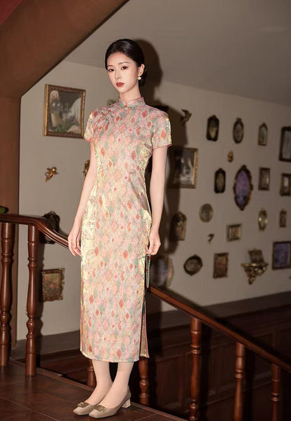 Women's Green Jacquard Satin Qipao Cheongsam Dress – additional product view