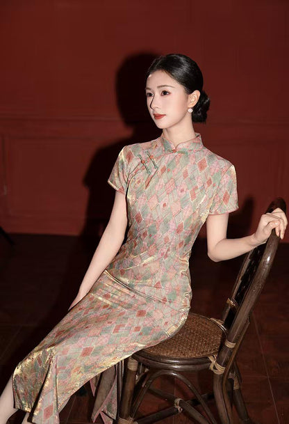 Women's Green Jacquard Satin Qipao Cheongsam Dress – additional product view