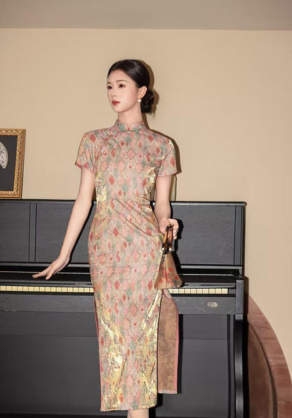 Women's Green Jacquard Satin Qipao Cheongsam Dress – additional product view