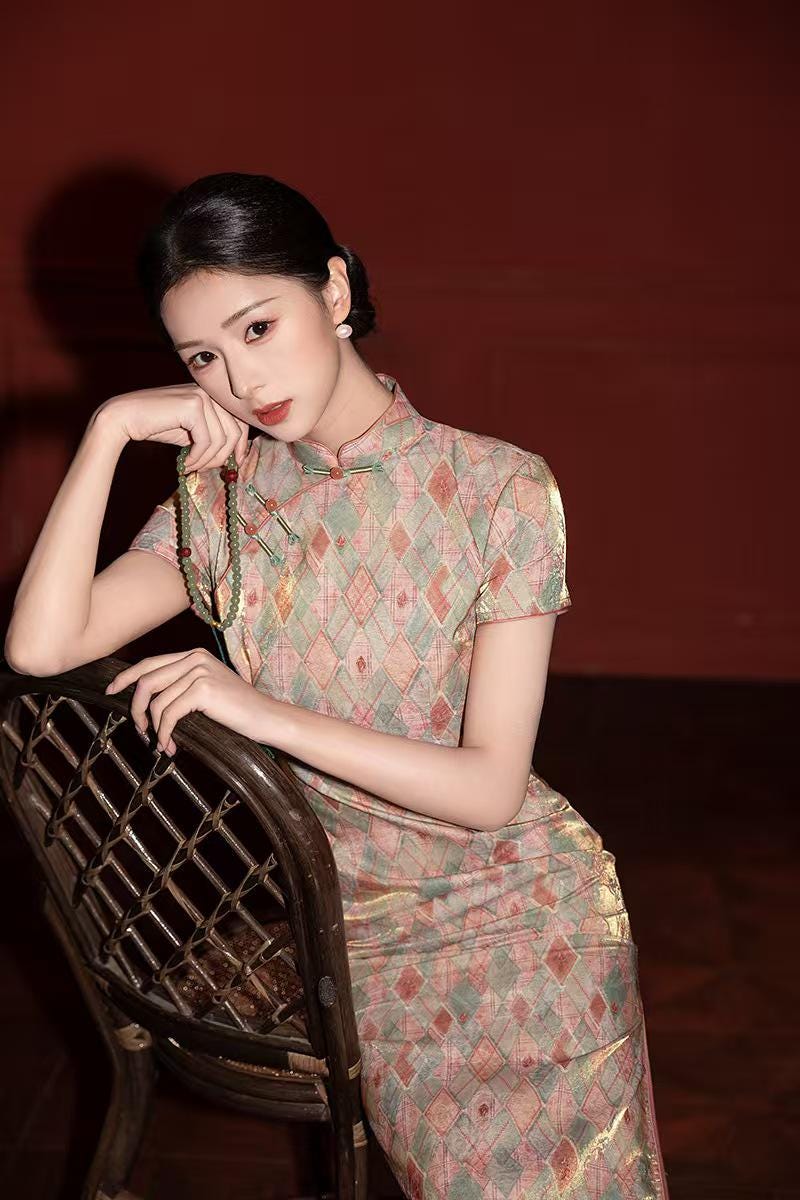 Women's Green Jacquard Satin Qipao Cheongsam Dress