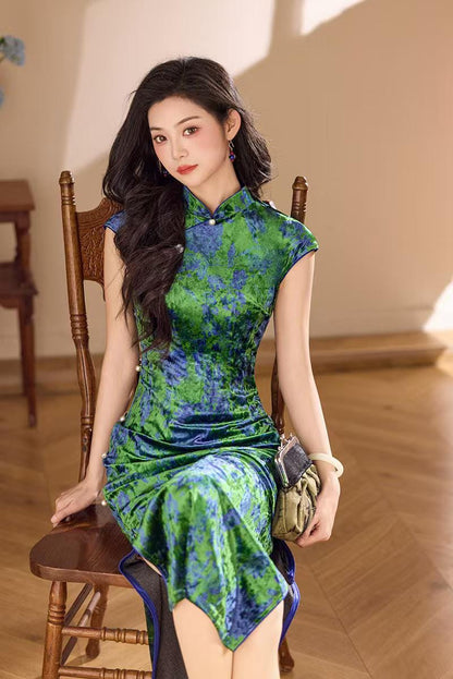Women's Blue Elegant Velvet Qipao Cheongsam Dress – additional product view