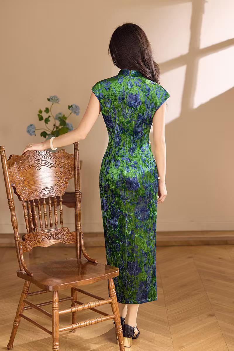 Women's Blue Elegant Velvet Qipao Cheongsam Dress – additional product view