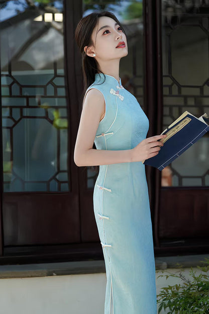 Women's Blue Vintage Qipao Cheongsam Dress – additional product view