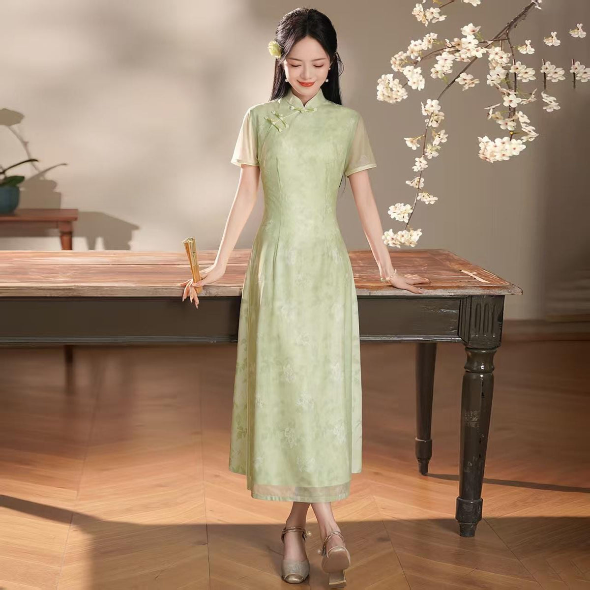 Women's Green Vintage Qipao Cheongsam Dress – additional product view
