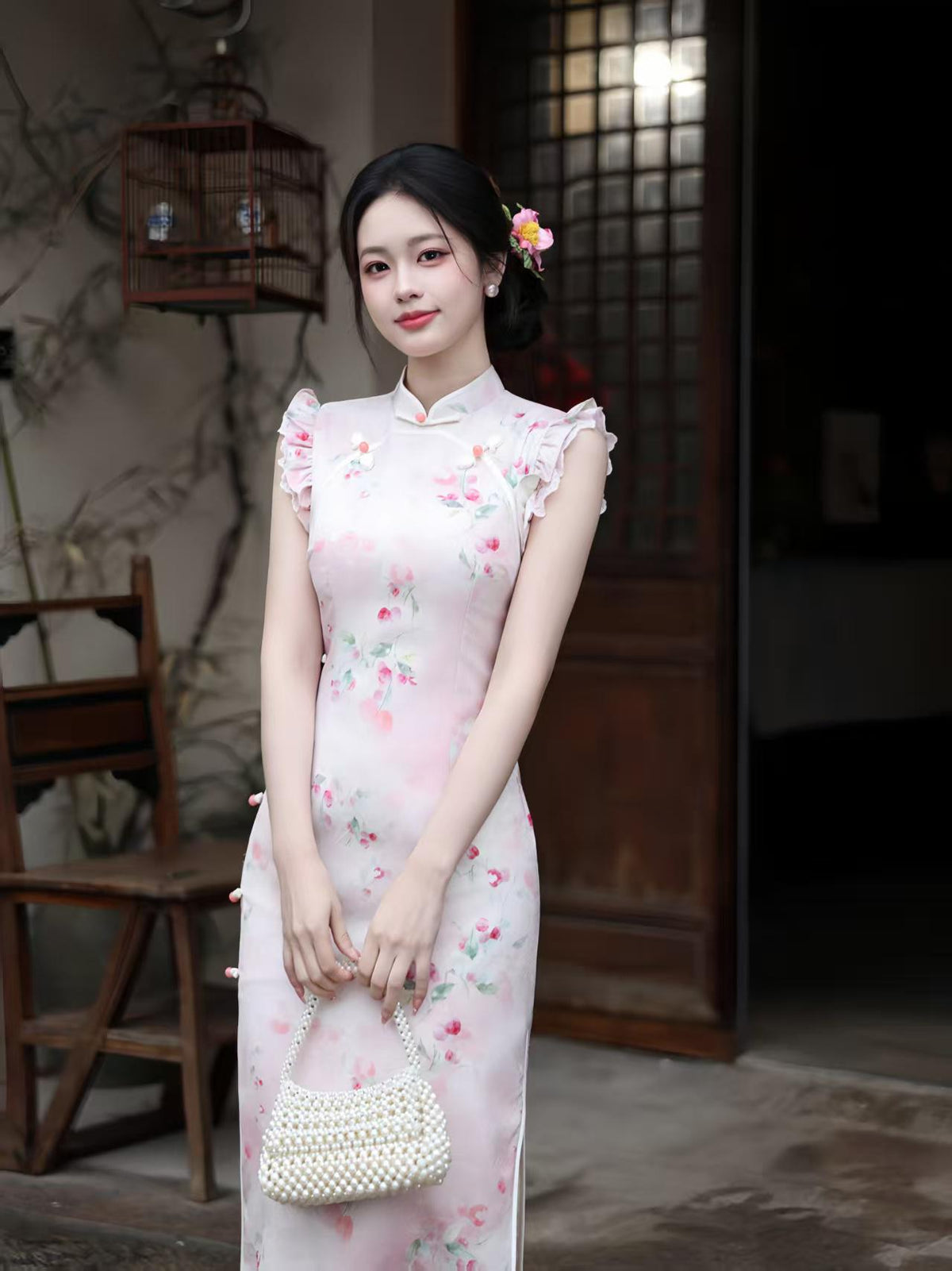 Women's Pink Floral Qipao Cheongsam Dress – additional product view
