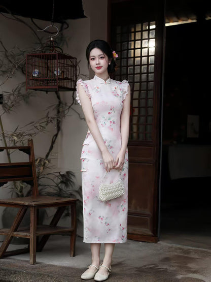 Women's Pink Floral Qipao Cheongsam Dress – additional product view