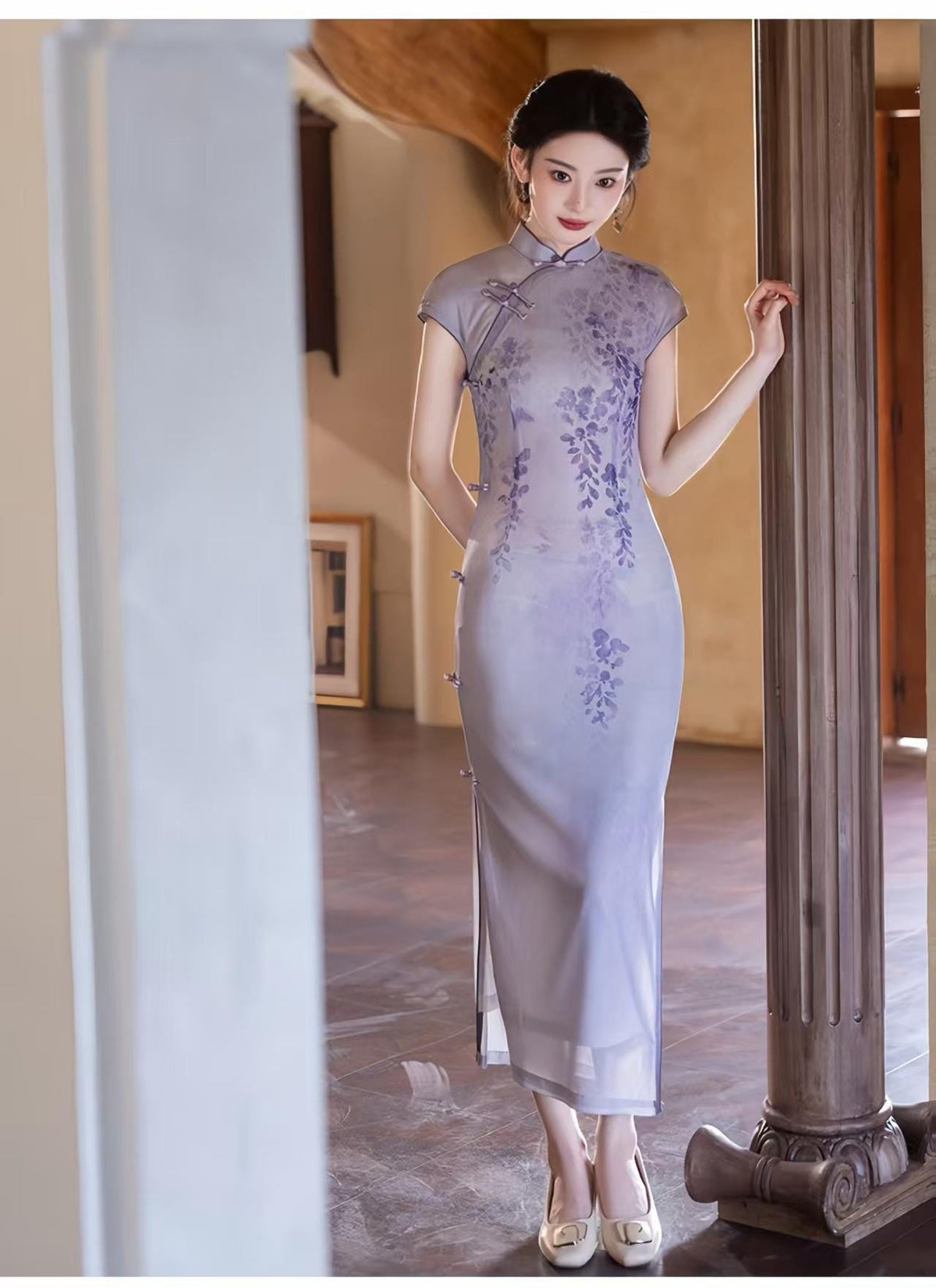 Women's Purple Vintage Qipao Cheongsam Dress – Maxi Fitted – additional product view