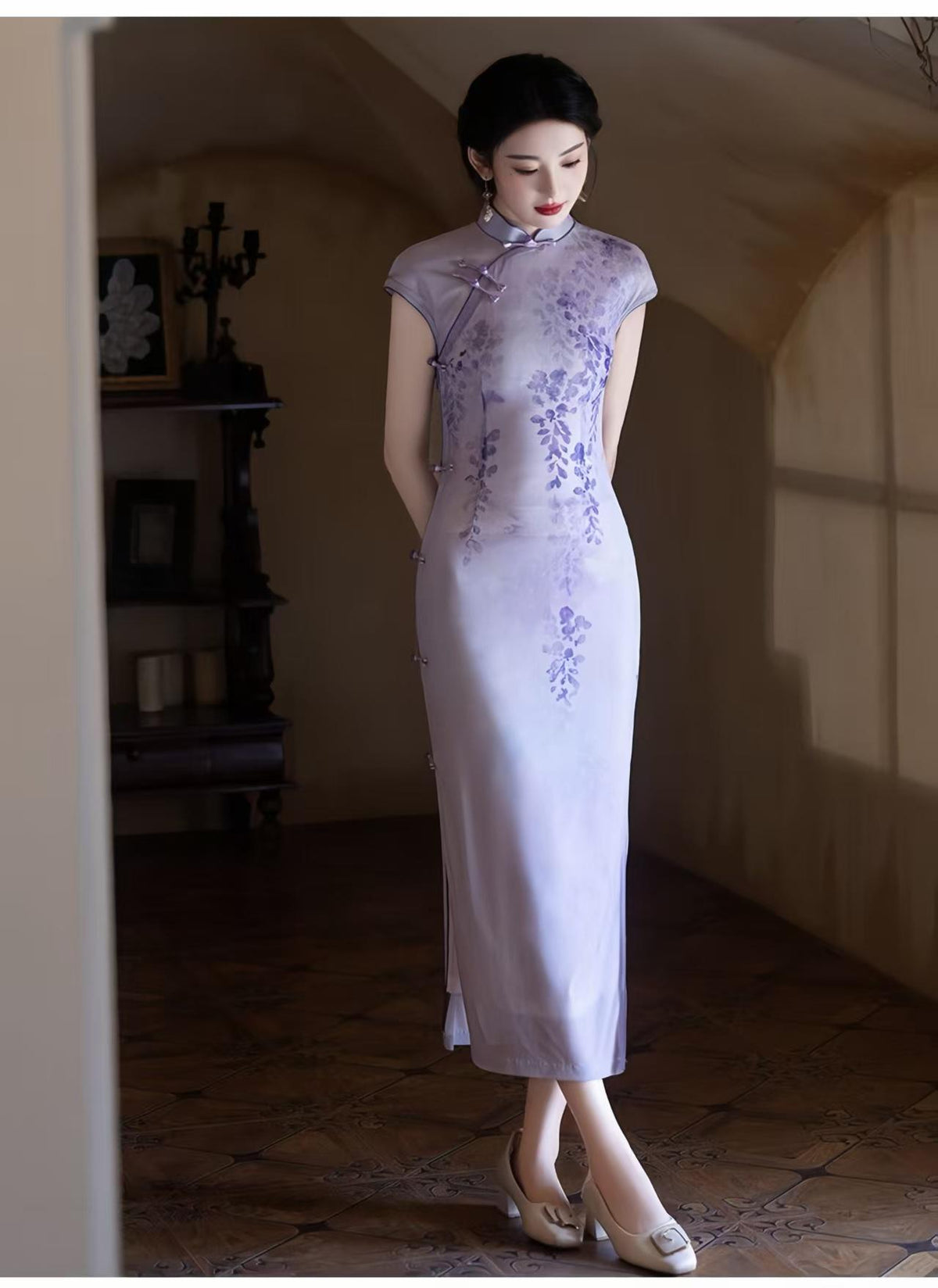 Women's Purple Vintage Qipao Cheongsam Dress – Maxi Fitted – additional product view