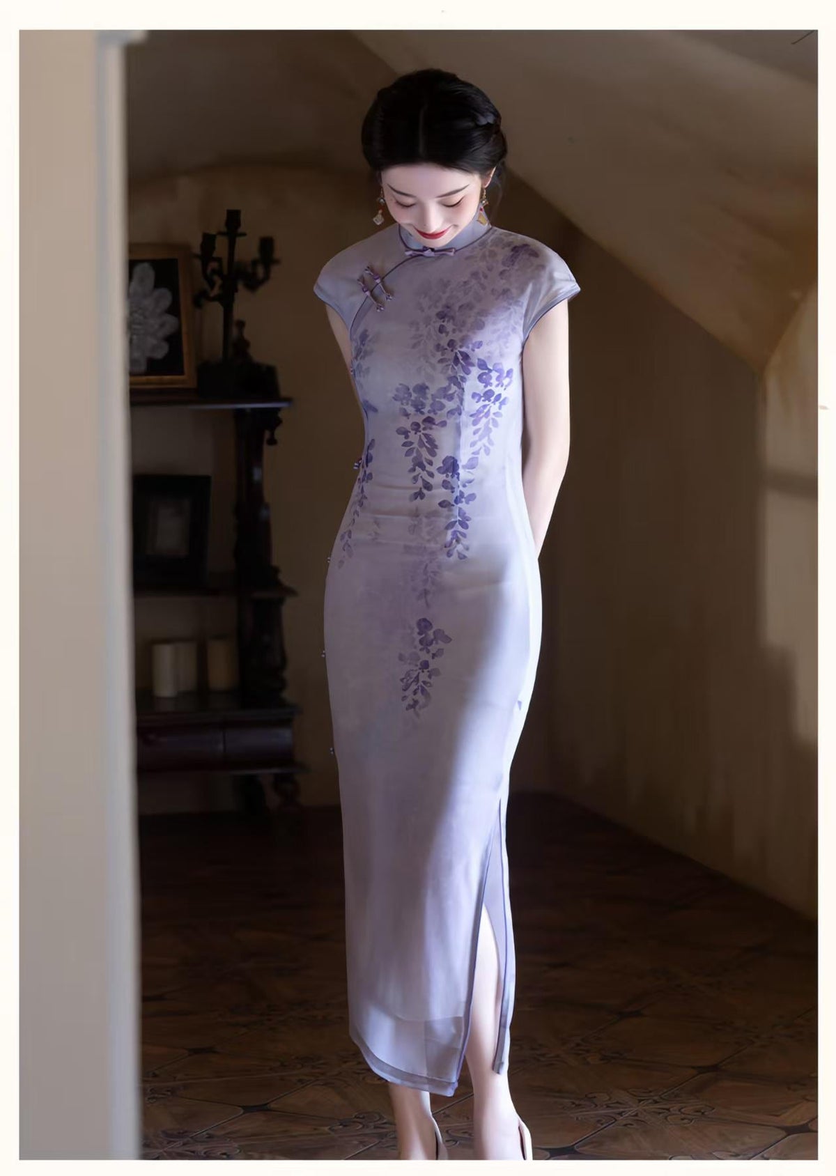 Women's Purple Vintage Qipao Cheongsam Dress – Maxi Fitted