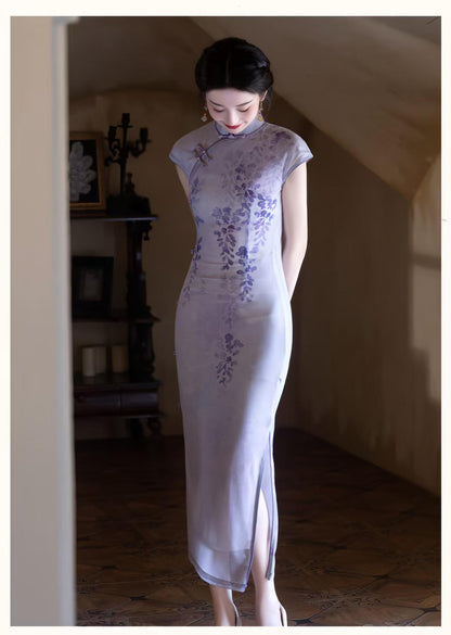 Women's Purple Vintage Qipao Cheongsam Dress – Maxi Fitted