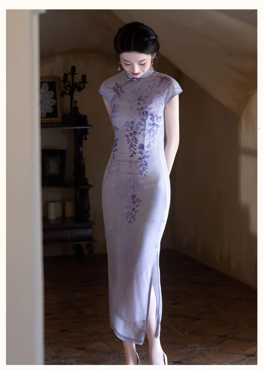 Women's Purple Vintage Qipao Cheongsam Dress – Maxi Fitted