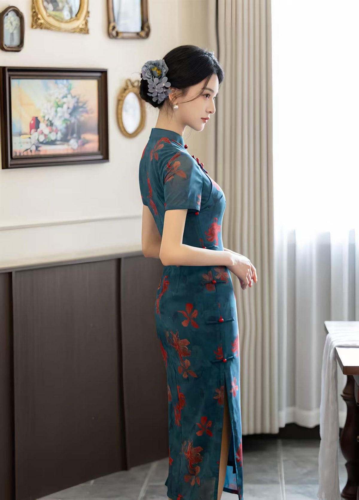Women's Green Floral Qipao Cheongsam Dress – additional product view