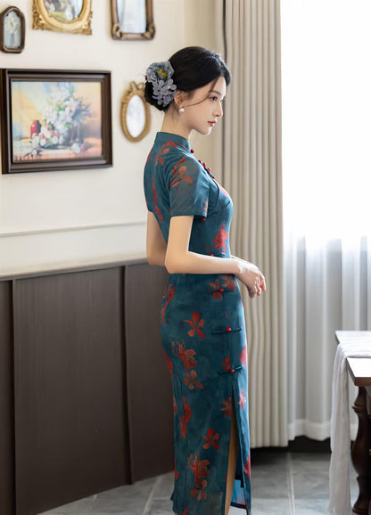 Women's Green Floral Qipao Cheongsam Dress – additional product view