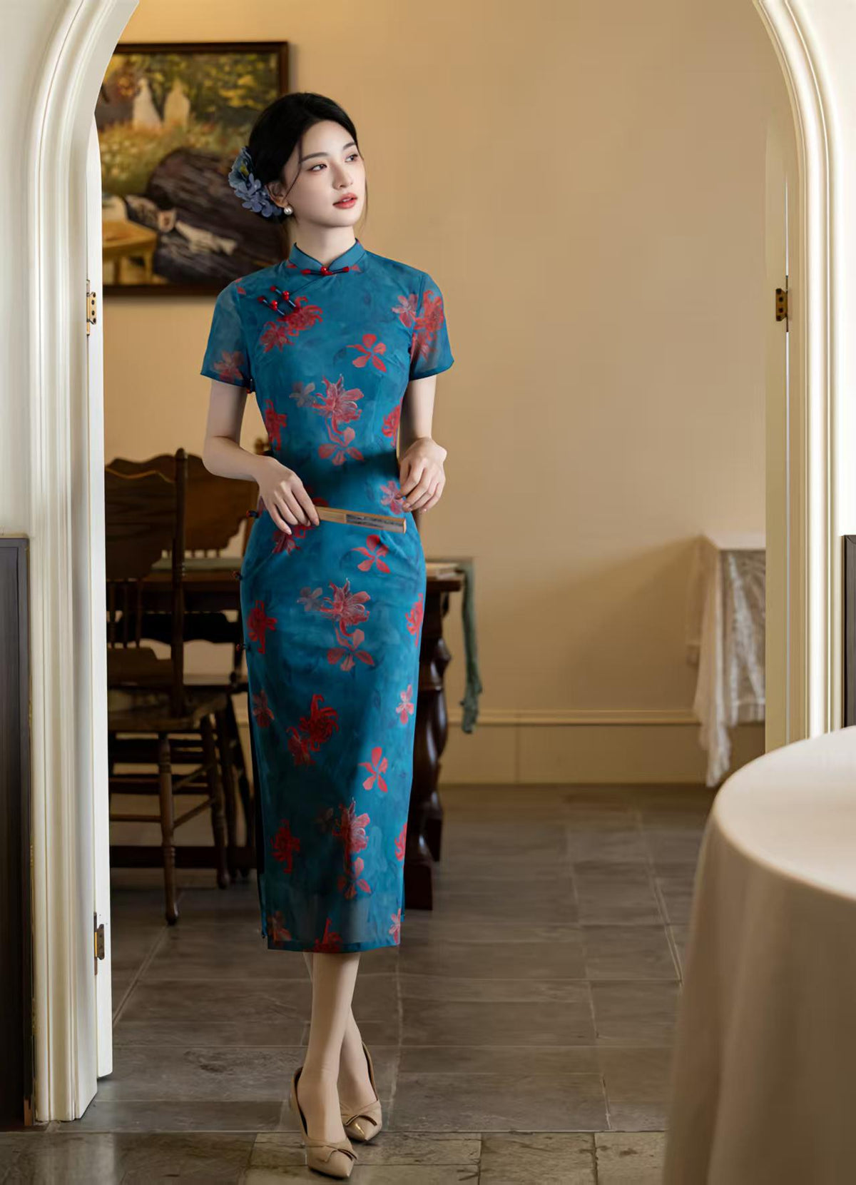 Women's Green Floral Qipao Cheongsam Dress – additional product view