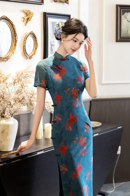 Women's Green Floral Qipao Cheongsam Dress – additional product view