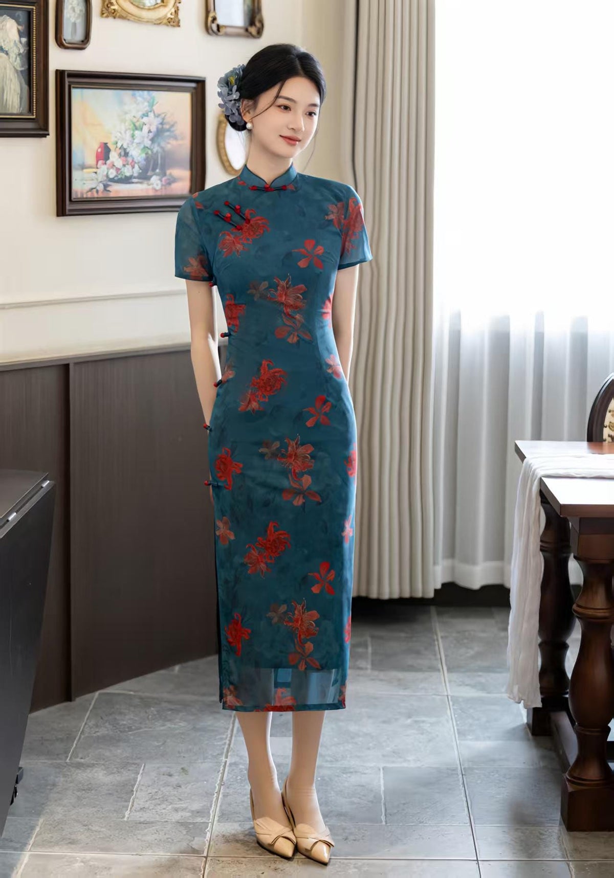 Women's Green Floral Qipao Cheongsam Dress – additional product view