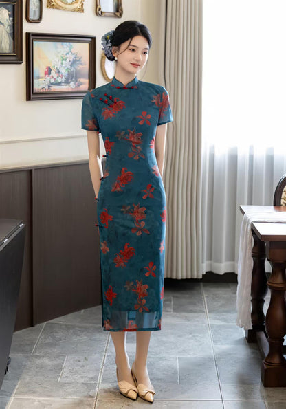 Women's Green Floral Qipao Cheongsam Dress – additional product view