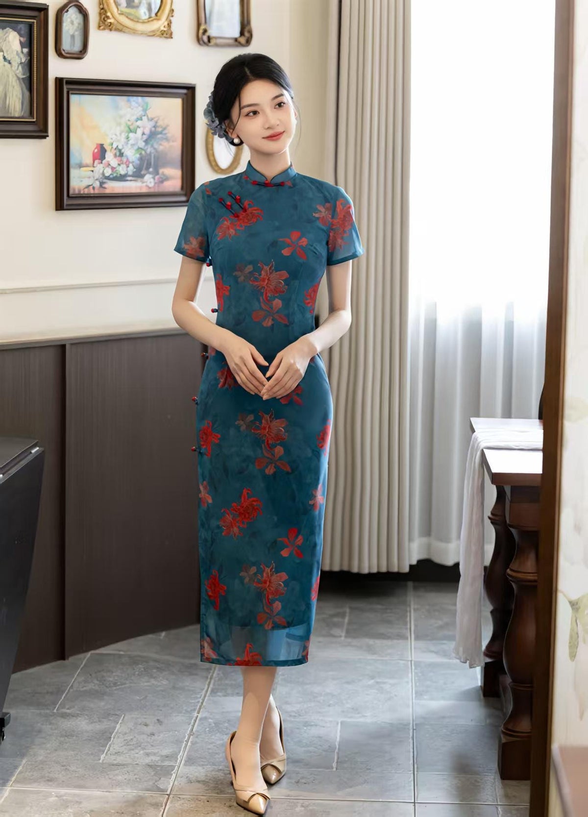 Women's Green Floral Qipao Cheongsam Dress – additional product view