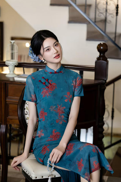 Women's Green Floral Qipao Cheongsam Dress