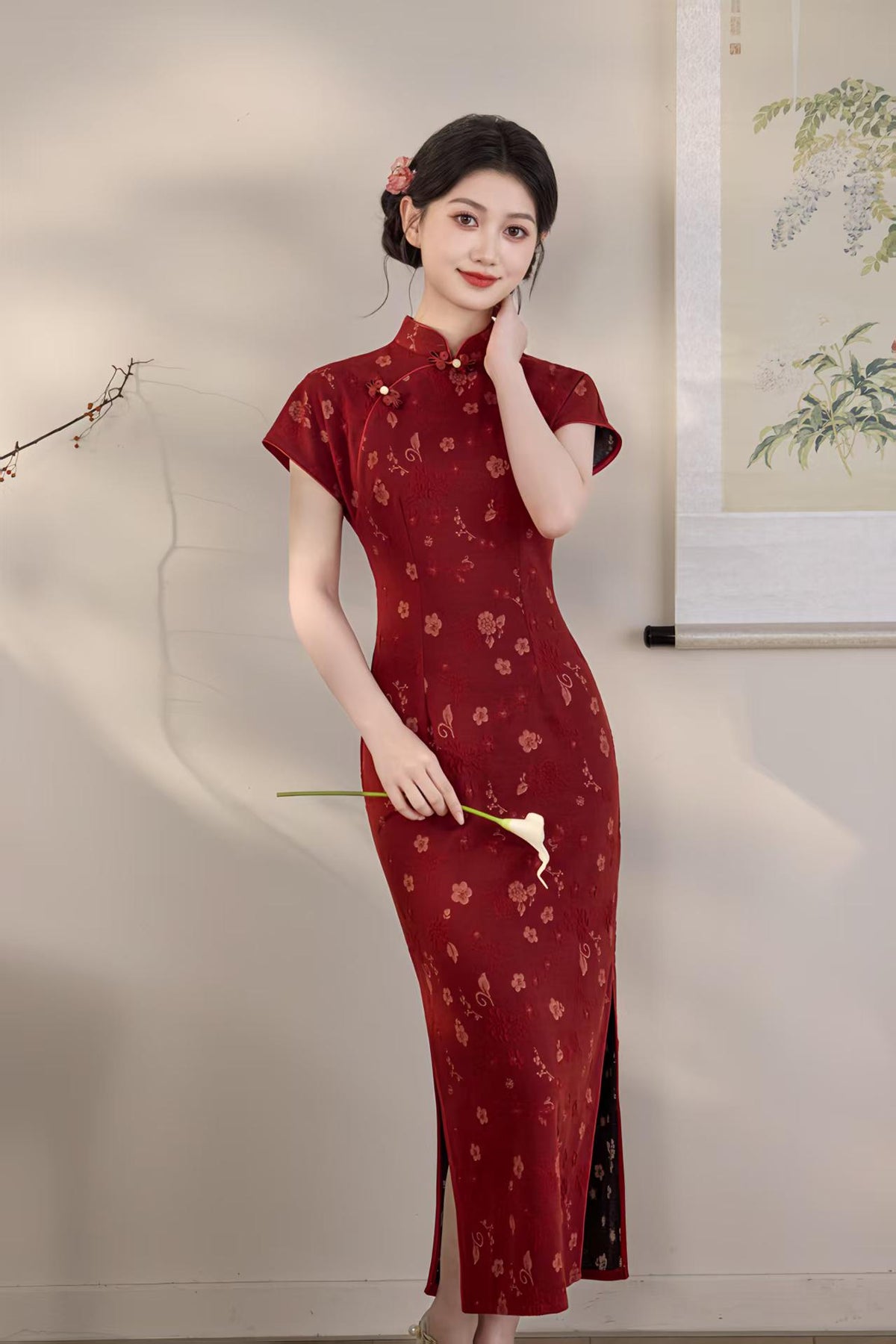 Women's Jacquard Qipao Cheongsam Dress – Burgundy – additional product view