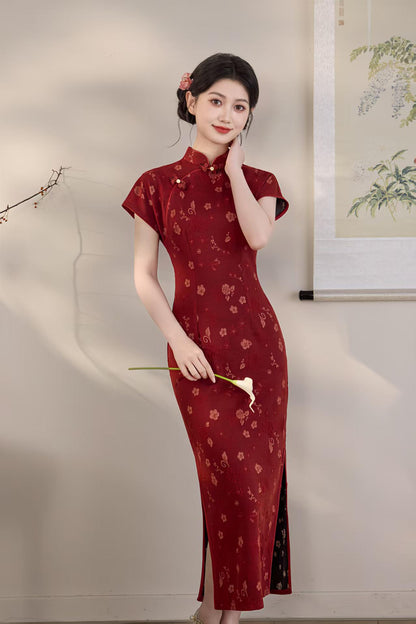 Women's Jacquard Qipao Cheongsam Dress – Burgundy – additional product view