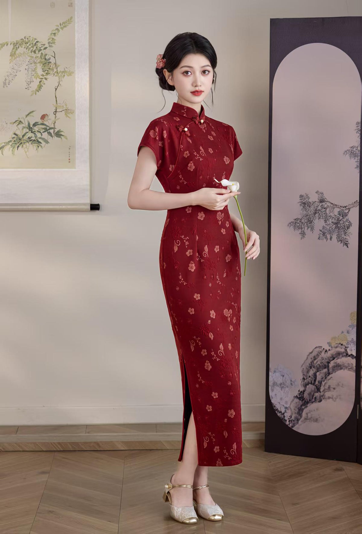 Women's Jacquard Qipao Cheongsam Dress – Burgundy – additional product view