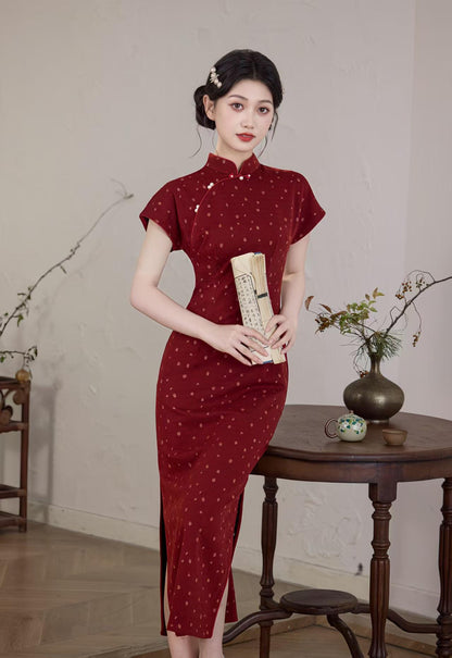 Women's Jacquard Qipao Cheongsam Dress – Burgundy – additional product view