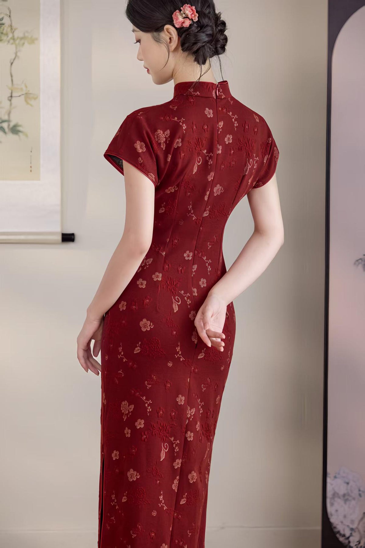 Women's Jacquard Qipao Cheongsam Dress – Burgundy – additional product view