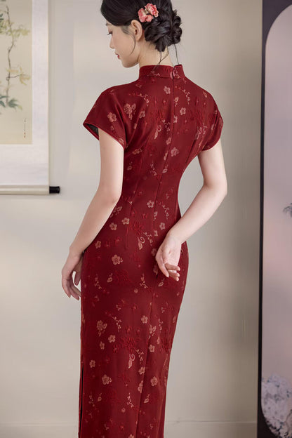 Women's Jacquard Qipao Cheongsam Dress – Burgundy – additional product view