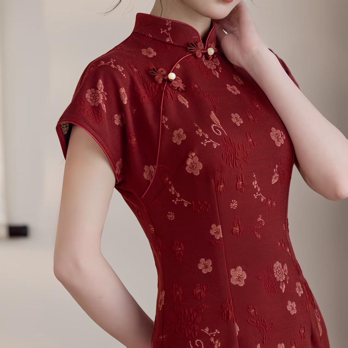 Women's Jacquard Qipao Cheongsam Dress – Burgundy – additional product view