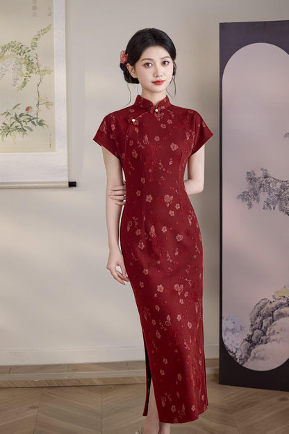 Women's Jacquard Qipao Cheongsam Dress – Burgundy – additional product view