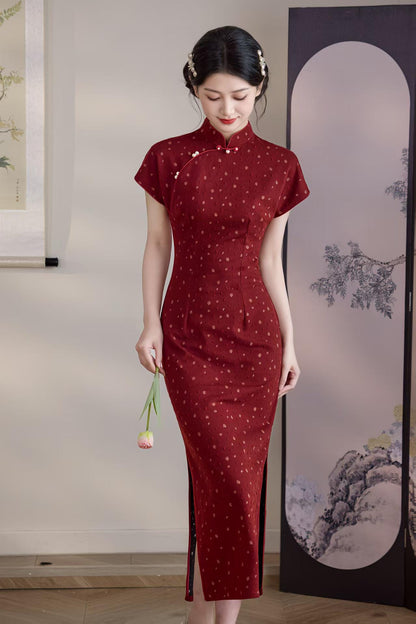 Women's Jacquard Qipao Cheongsam Dress – Burgundy