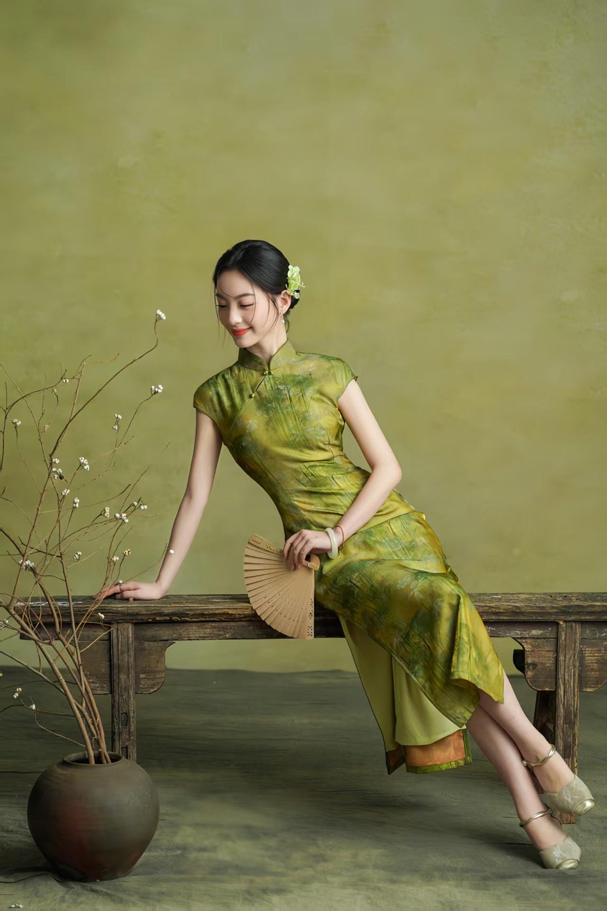 Women's Green Vintage Satin Qipao Cheongsam Dress – additional product view