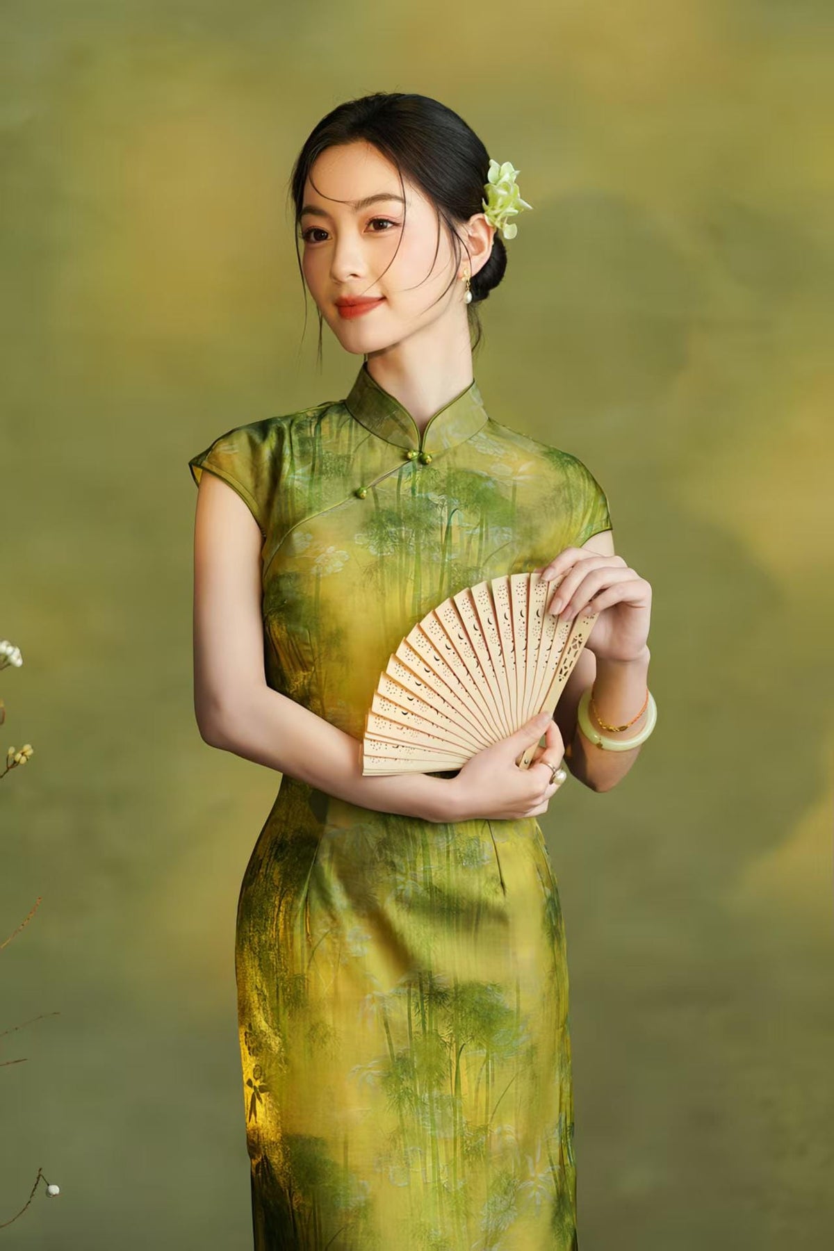 Women's Green Vintage Satin Qipao Cheongsam Dress – additional product view