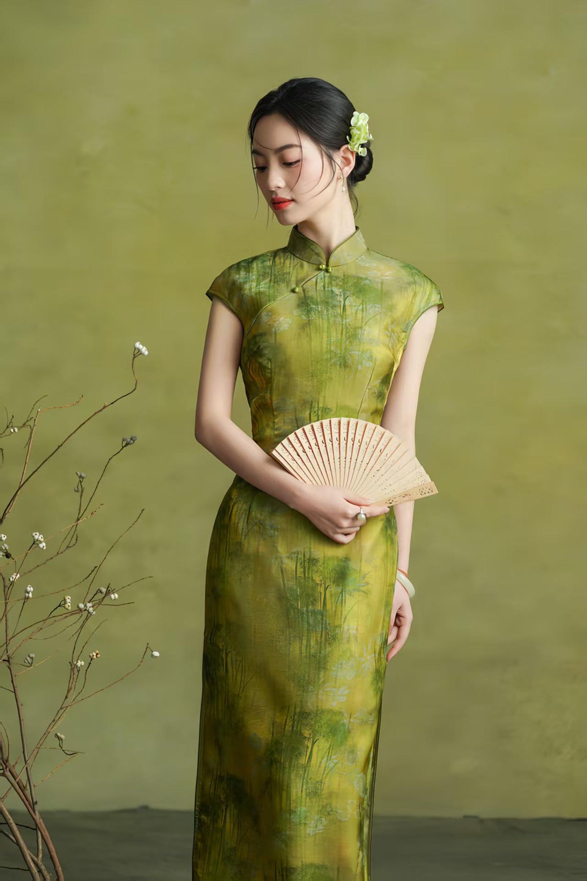 Women's Green Vintage Satin Qipao Cheongsam Dress – additional product view