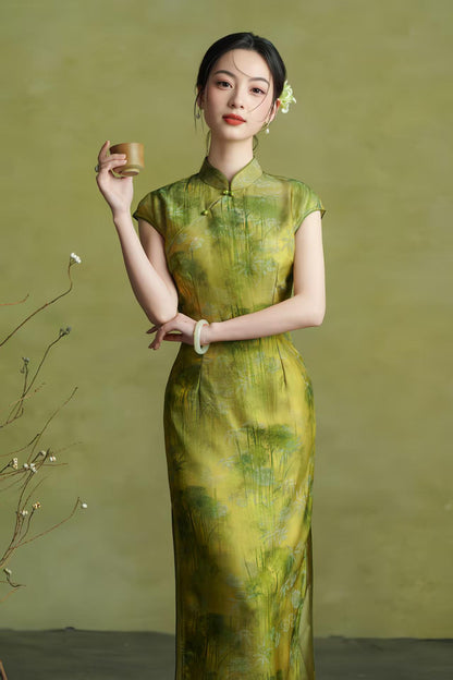 Women's Green Vintage Satin Qipao Cheongsam Dress – additional product view
