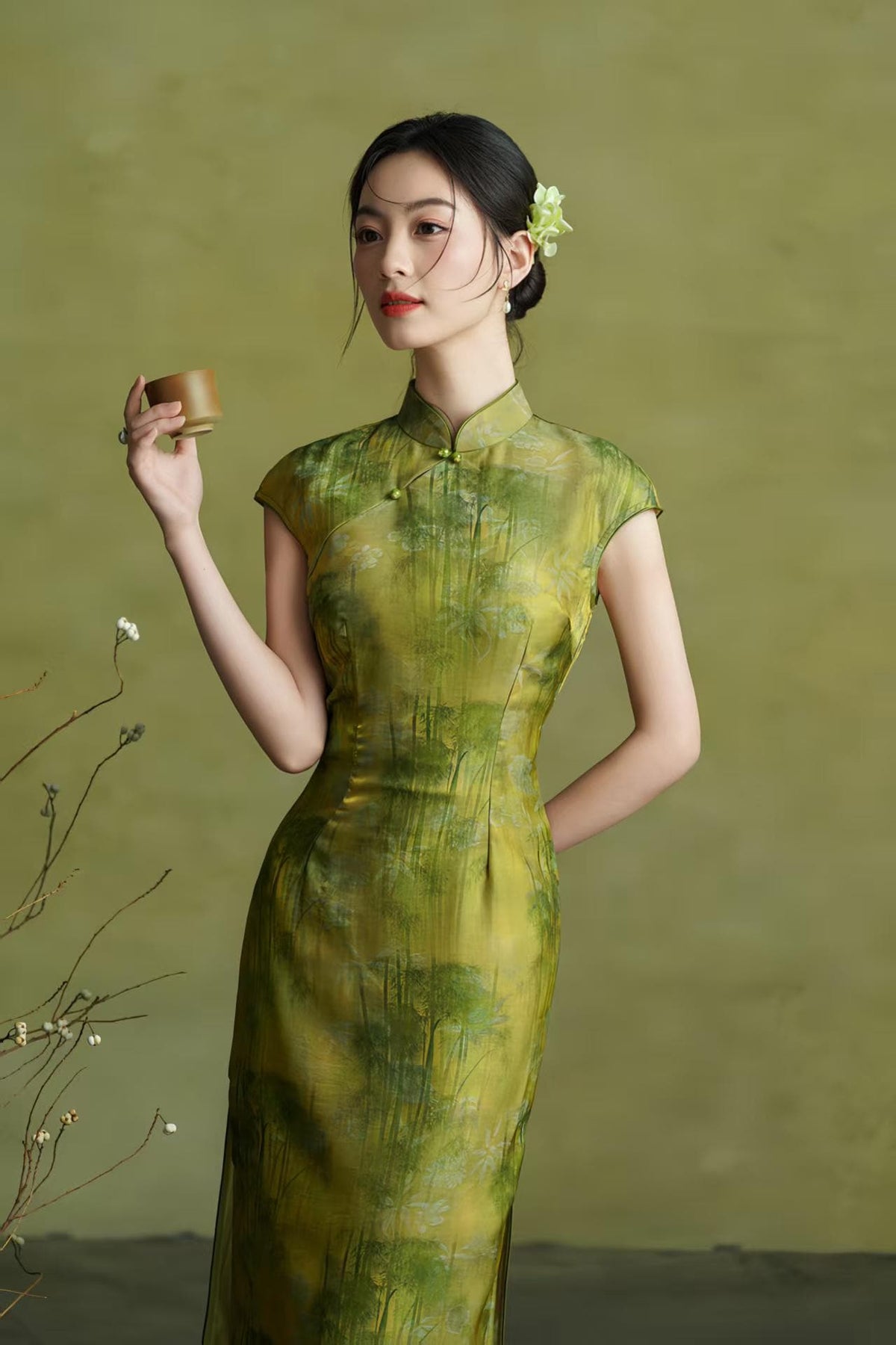 Women's Green Vintage Satin Qipao Cheongsam Dress