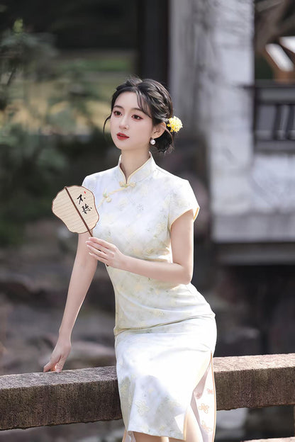 Women's Vintage Qipao Cheongsam Dress – Beige Linen Fitted – additional product view