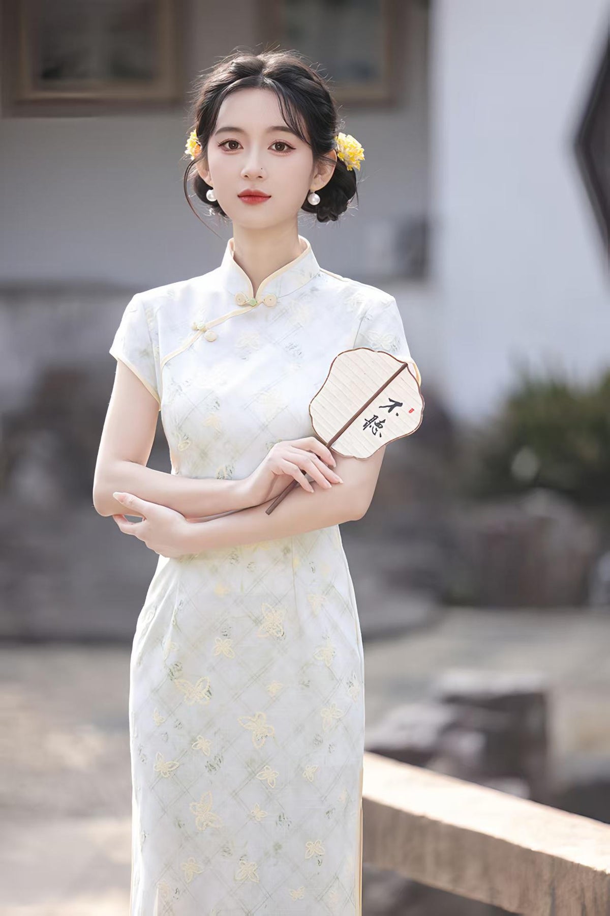 Women's Vintage Qipao Cheongsam Dress – Beige Linen Fitted – additional product view