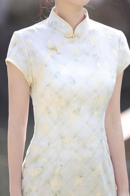 Women's Vintage Qipao Cheongsam Dress – Beige Linen Fitted – additional product view