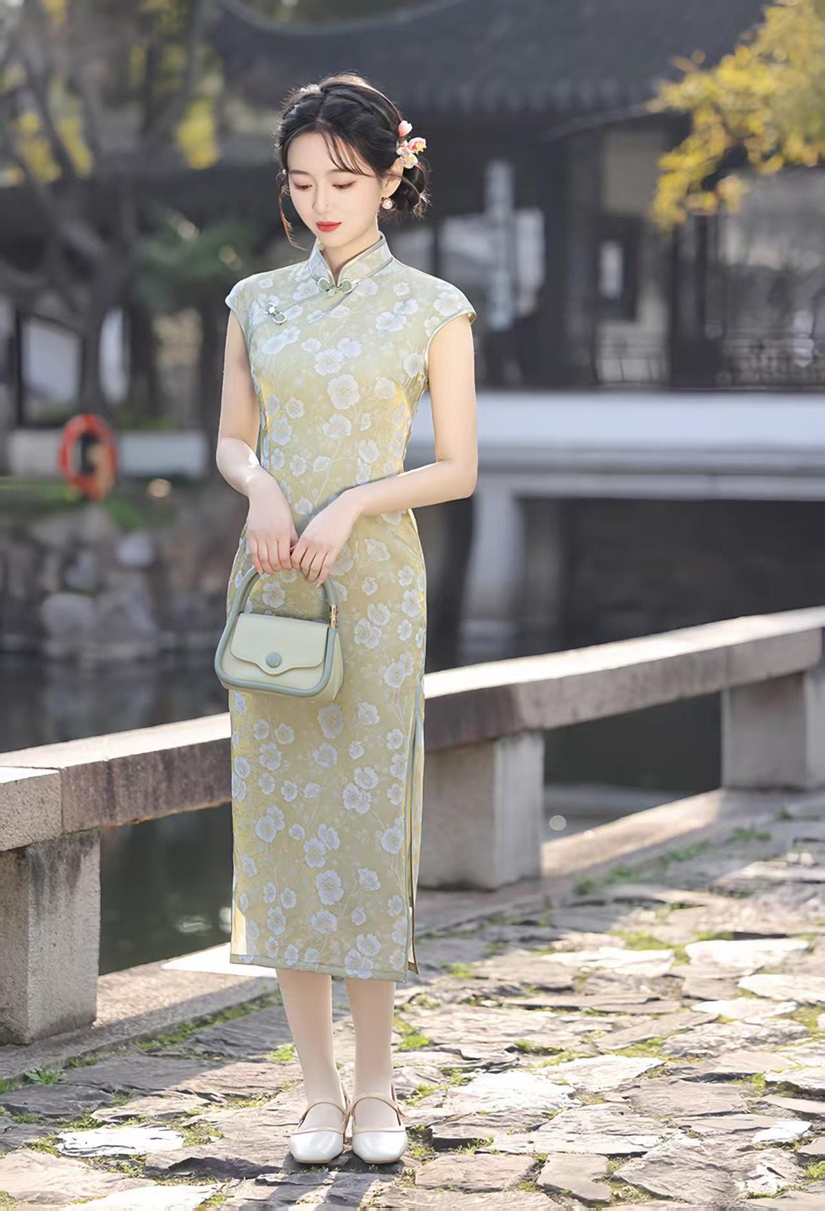 Women's Green Floral Qipao Cheongsam Dress – additional product view