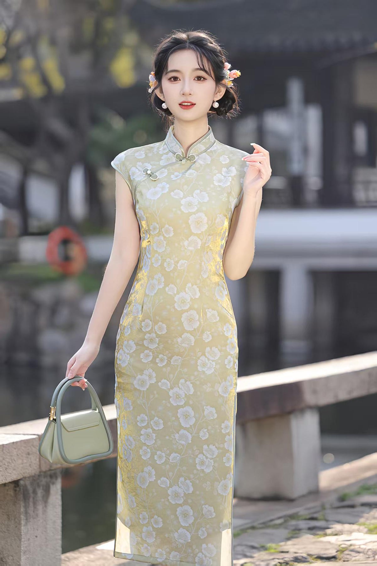 Women's Green Floral Qipao Cheongsam Dress – additional product view