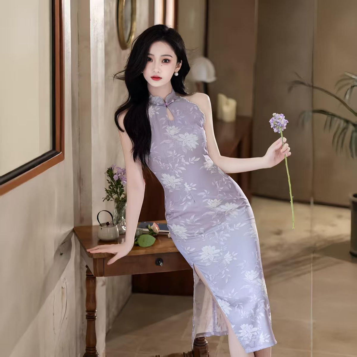 Women's Vintage Qipao Cheongsam Dress – Lilac Halter Neck Midi Fitted – additional product view