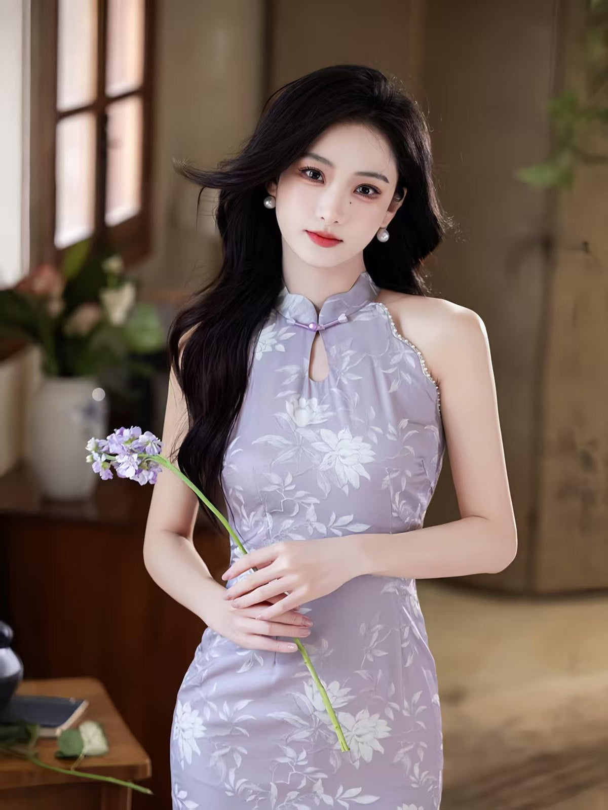 Women's Vintage Qipao Cheongsam Dress – Lilac Halter Neck Midi Fitted – additional product view
