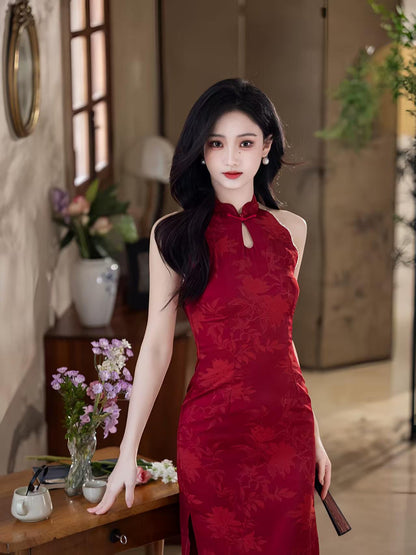 Women's Vintage Qipao Cheongsam Dress – Lilac Halter Neck Midi Fitted – additional product view